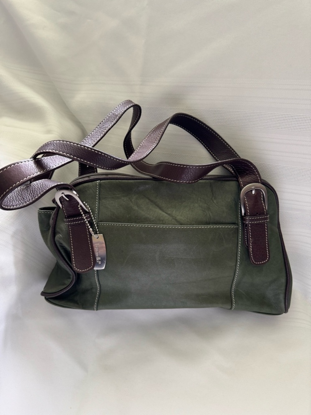 Tignanello Green Leather Shoulder Bag with Brown Straps